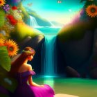 Girl in Purple Dress by Waterfall Surrounded by Flowers and Butterflies