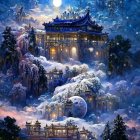 Snow-covered palace under moonlit sky with icicles and stars: a magical winter scene