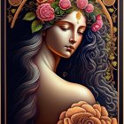 Illustrated woman portrait with curly hair, floral crown, blue eyes, and golden headpiece