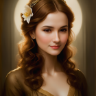 Portrait of woman with long curly hair, tiara, vintage dress, and flower, glowing on dark