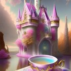 Purple and Golden Fantasy Castle with Teacup Set and Flowers