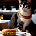 Strikingly marked cat at restaurant table with sandwich and wine