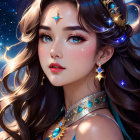 Digital portrait of woman with long wavy hair and golden crown against starry night sky