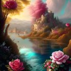 Whimsical landscape with oversized roses, serene lake, pink-clouded sky, houses, and trees