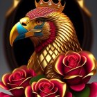 Ornate bird with golden crown in dark oval frame among pink and purple roses