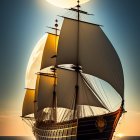 Sailing ship on ocean at sunset with large sun image