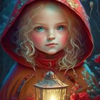 Child in red cloak with lantern among roses under starry sky