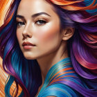 Vibrant rainbow hair and blue eyes digital illustration with detailed makeup.