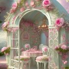 Young girl in tutu explores whimsical flower garden house