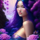 Digital Artwork: Woman with Blue and Purple Hair in Floral Fantasy Environment