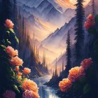 Snow-capped mountains, pine forest, river, and pink flower in serene dusk landscape