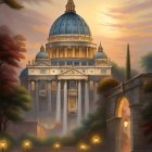 Fantastical sunrise scene with ornate domed structure, waterfalls, bridge, river, and