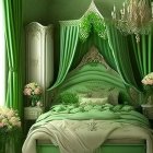 Luxurious Green-Themed Bedroom with Canopy Bed & Chandeliers