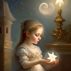 Young girl in vintage dress with glowing orb and owl in ornate setting