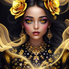 Woman with dark hair, yellow flowers, gold accessories, and mystical golden glow