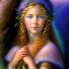 Digital artwork: Young woman with curly hair and floral crown near tree and lavender field