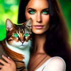 Woman with Striking Green Eyes Holding Cat on Green Backdrop