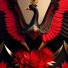 Colorful Fantasy Bird Illustration with Black and Red Wings on Floral Background