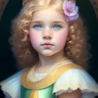 Young girl with curly blonde hair in golden crown, pink flower, pearls, yellow dress with green bod