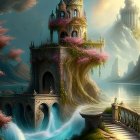 Mystical castle on rocky pinnacle with waterfalls, lush greenery, pink foliage, floating islands