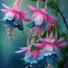 Cluster of Fuchsia Flowers with Pink and Blue Petals and Dew Droplets