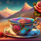 Colorful digital artwork: Teacup with fruits, flowers, food, and mountain landscape