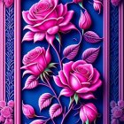 Detailed vibrant pink flowers and buds on deep blue background in ornate pink frame