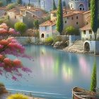 Scenic painting of boat on calm water with village reflection