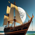 Tall ship with billowing sails on golden beach under surreal moon