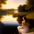 Tranquil painting of woman by river at dusk