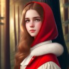 Woman in Red Hooded Cloak in Forest Setting with Soft Lighting