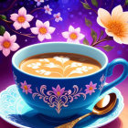 Cosmic teacup with flower decorations and galaxy-themed drink