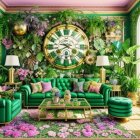 Green Sofas, Gold Accents, Circular Mirror: Vibrant Living Room Decor