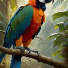 Colorful bird with black mask, orange breast, blue wings on branch among white flowers