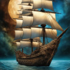 Sailing ship under full moon on luminous ocean