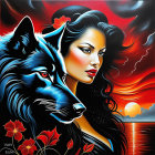 Stylized portrait of a woman with a wolf in vibrant red hues