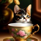 Black, white, and orange kitten in golden teacup near flowers