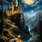 Fantasy castle on rocky cliff with waterfall under starry sky