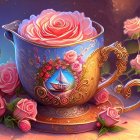 Golden teacup with pink roses and floral accents on warm backdrop.