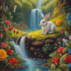 White rabbit on grassy ledge near stream with waterfall and flowers