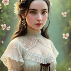 Woman in Floral Headpiece and Lace Top in Dreamy Natural Setting