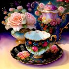 Floral Design Teacup with Cookie and Flower Arrangements