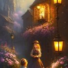 Enchanting street scene with glowing lanterns, blooming flowers, and woman gifting a flower