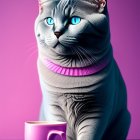 Silver Tabby Cat with Blue Eyes Beside Pink Coffee Cup on Purple Background