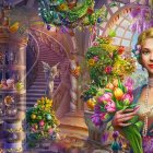 Golden-haired woman with tulips in fantastical room full of flora