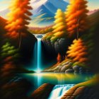 Autumnal trees frame serene cascade and mountain peak