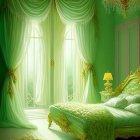 Luxurious Green-Themed Bedroom with Draped Curtains and Crystal Chandelier