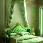 Elegant Green and Gold Themed Bedroom with Canopy Bed and Chaise Lounge