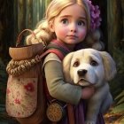 Blonde girl with flower in hair holding brown animal next to corgi-like dog