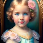 Vintage-style painting of young child with blue eyes, curly hair, pink flower, pastel dress.